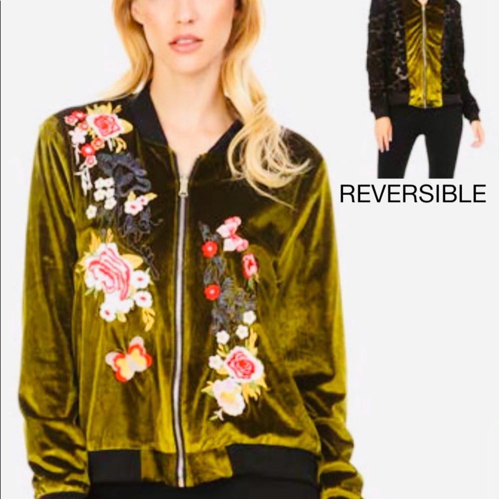Reversible velvet feel embroidered bomber jacket